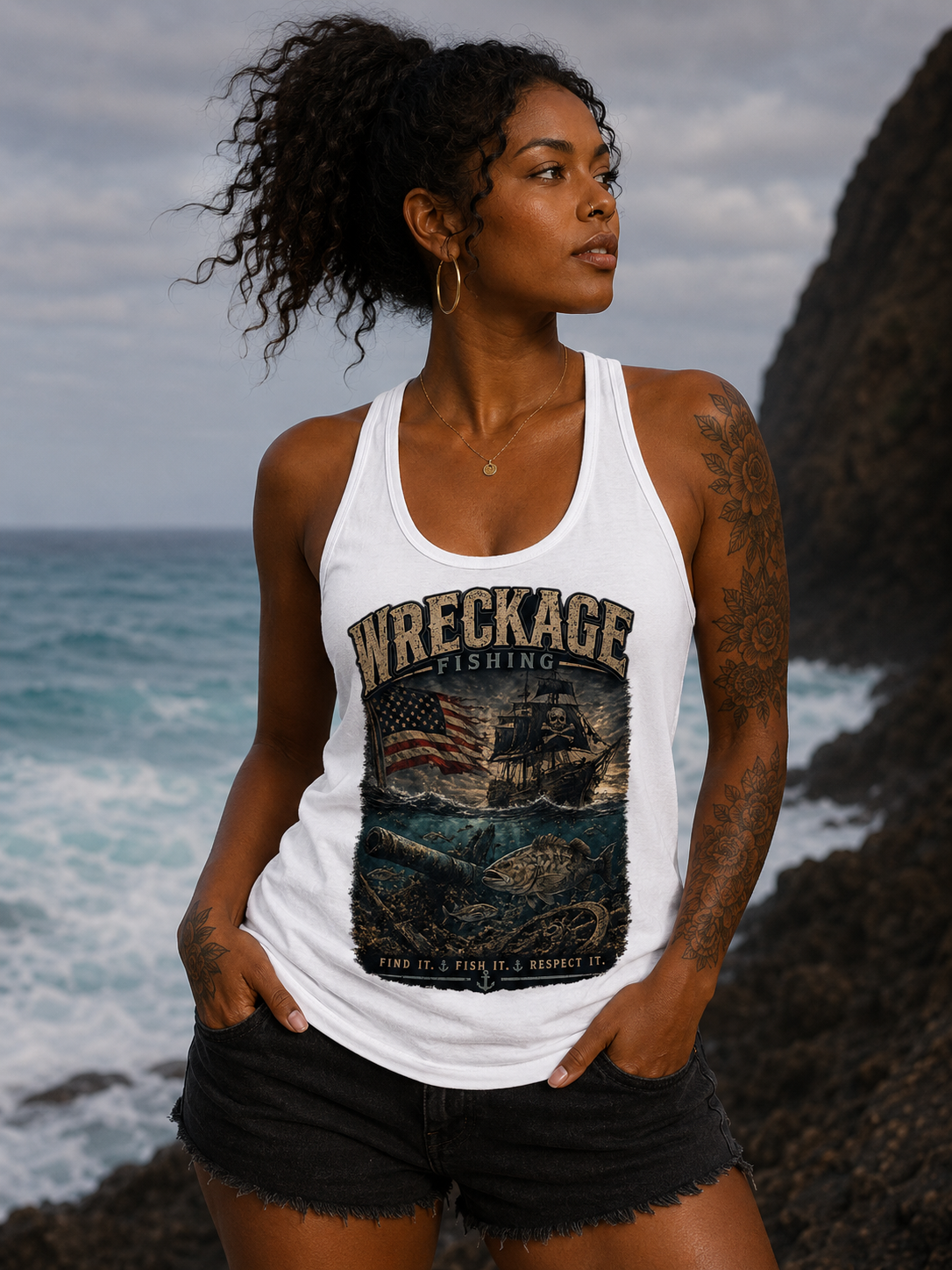 Wreckage Fishing Pirate Ship and American Flag Women's Racerback Tank