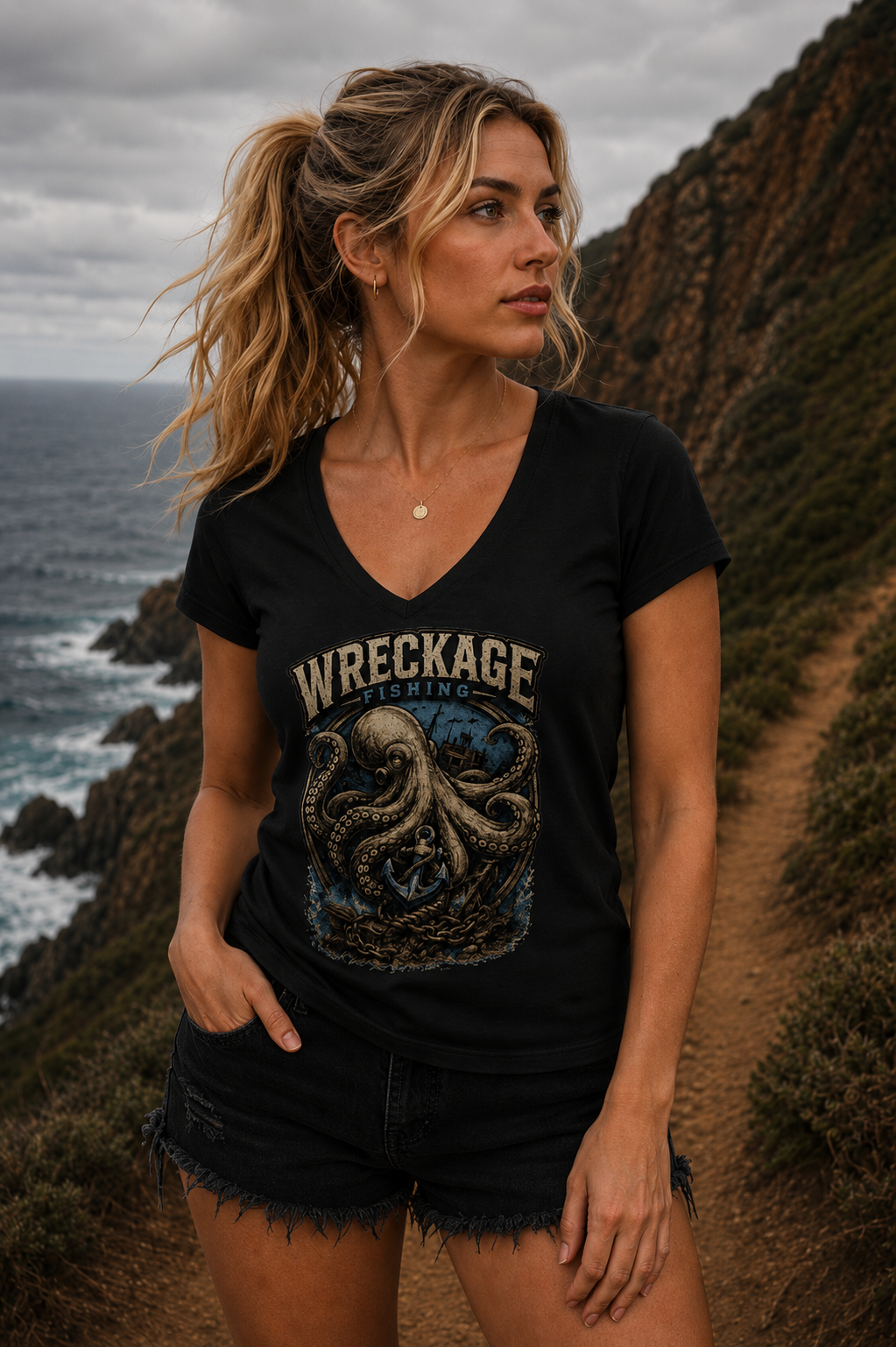 WF Octopus Women's V-neck T-shirt navy.png