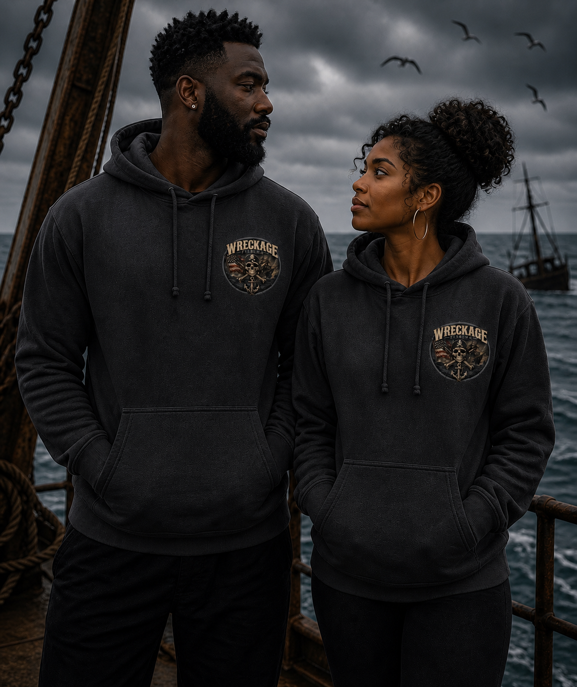 WF Pirate Ship and American Flag hoodie charcoal front.png