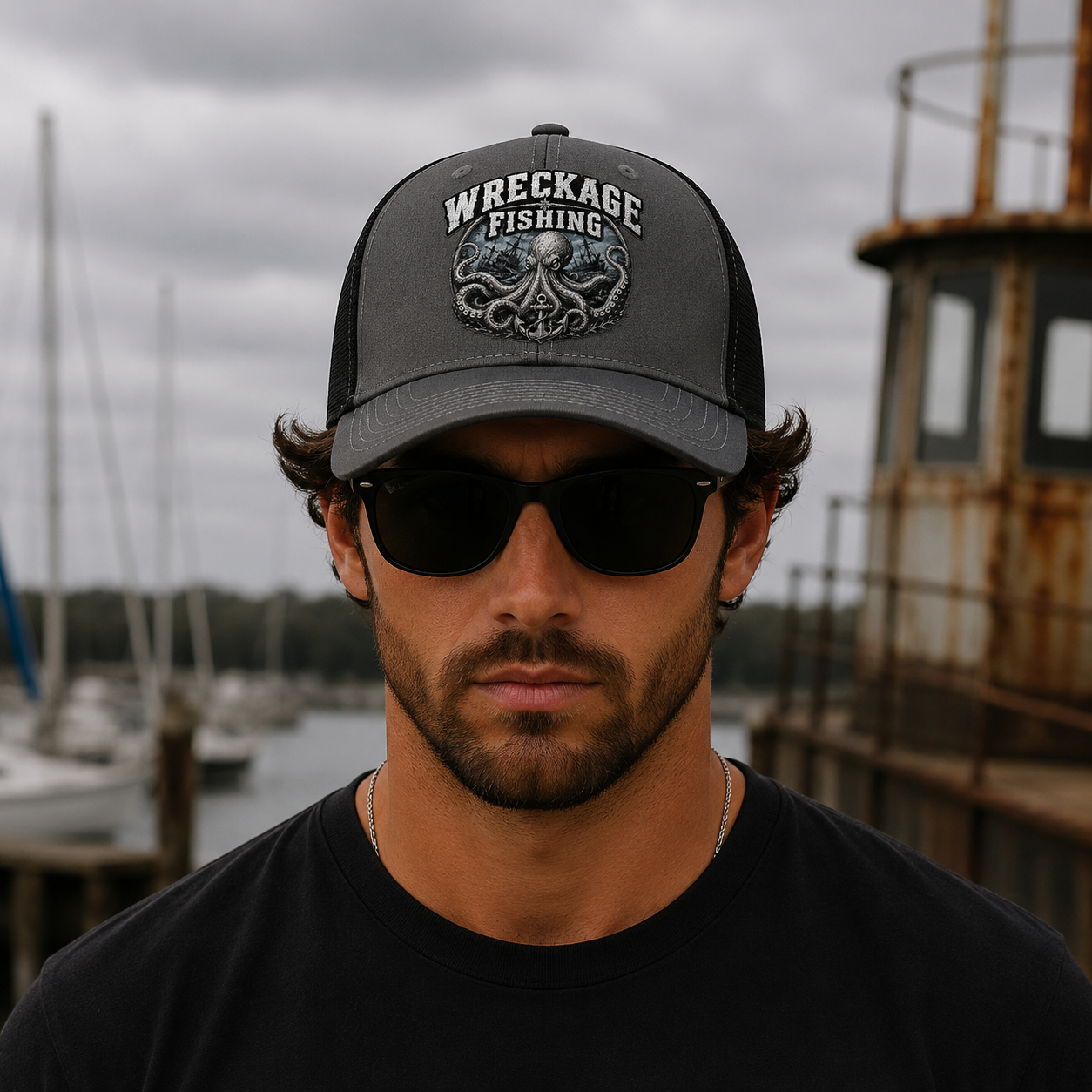 A young man wearing a gray trucker hat with an octopus and the words 'Wreckage Fishing', black sunglasses, and a black t-shirt, standing outdoors near a marina with boats and an old, rusty building.