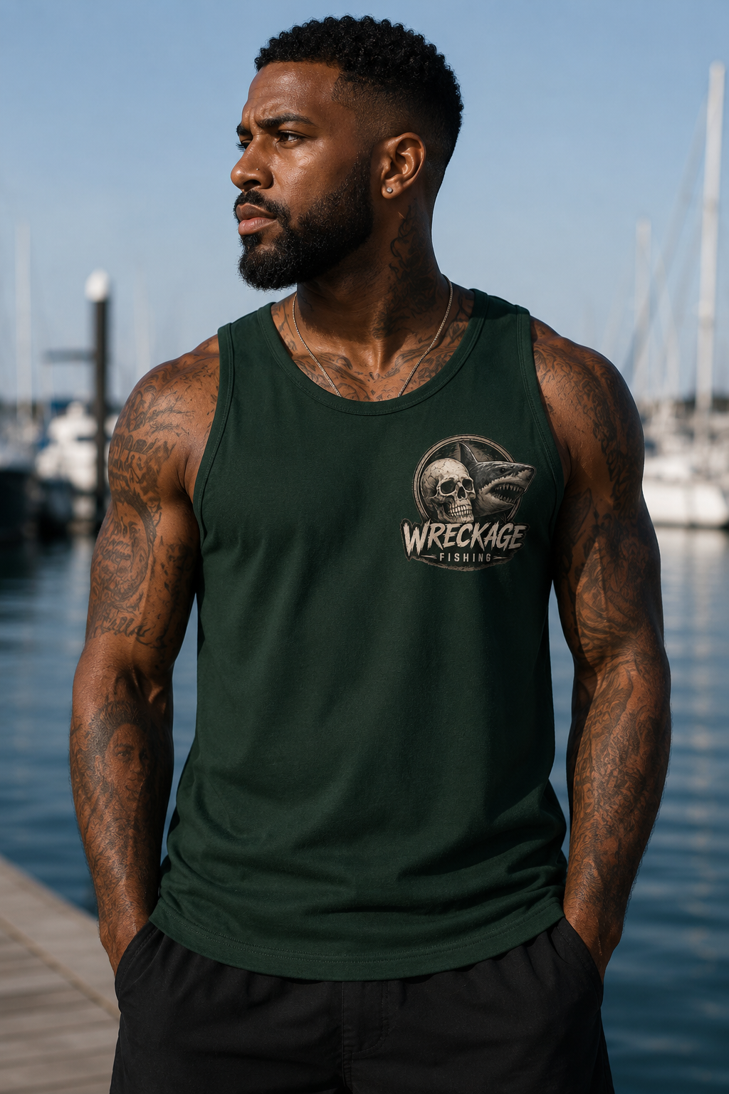 WF Skull and Shark men's Tank Top fgreen front.png