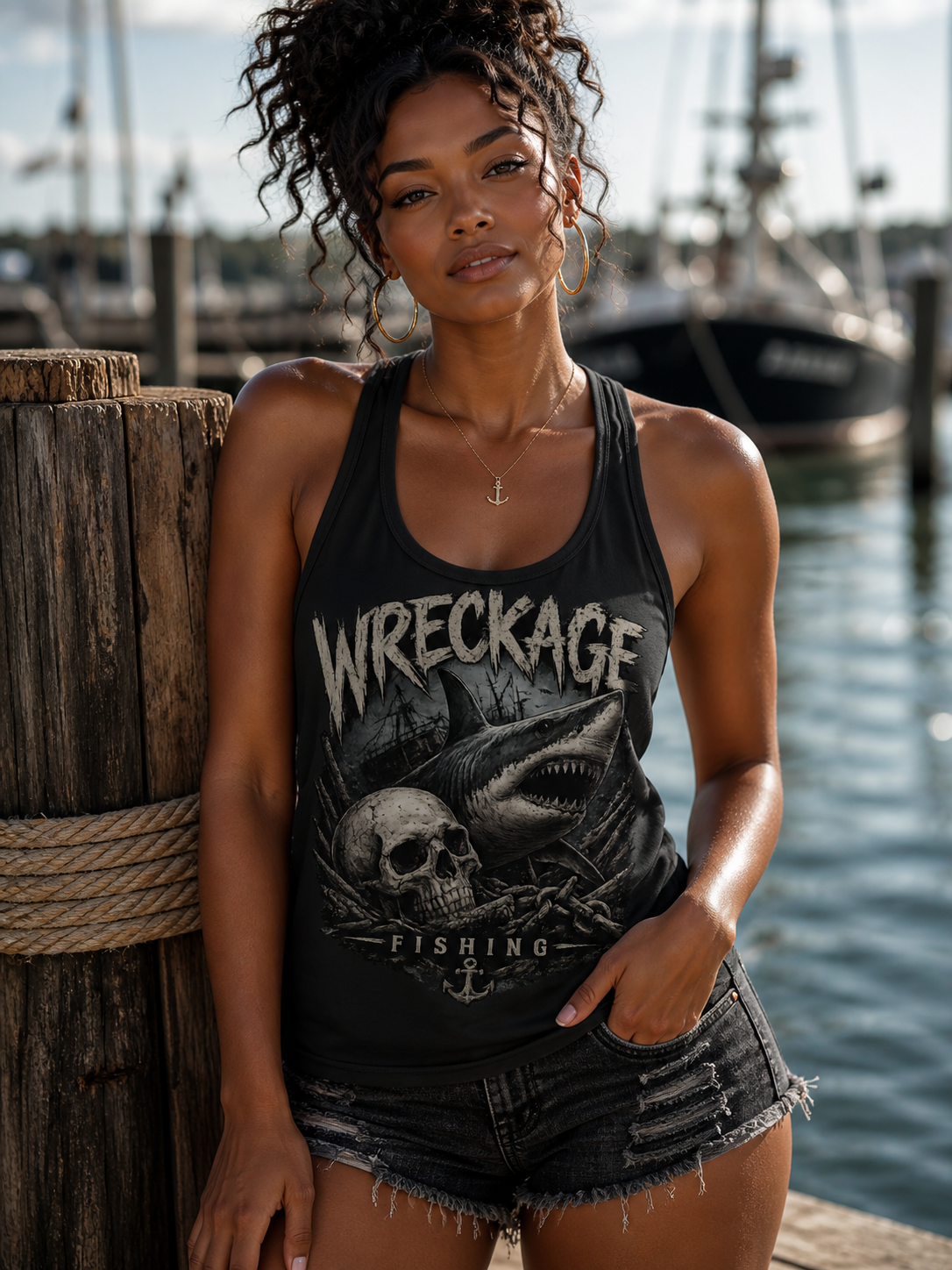 Wreckage Fishing Skull and Shark Women's Racerback Tank