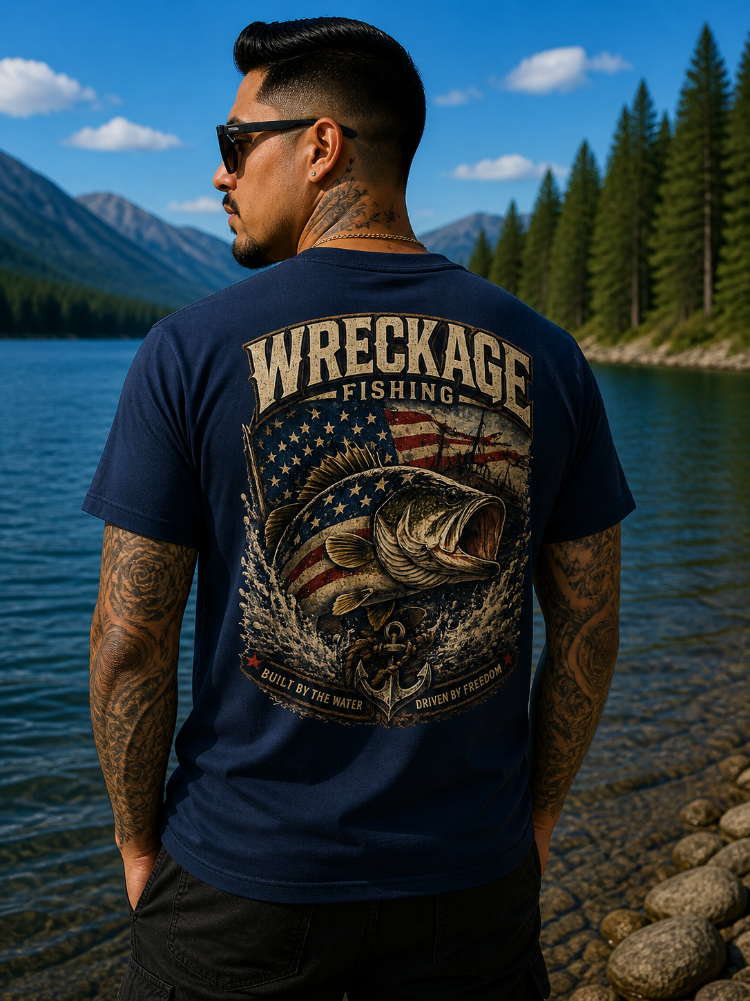 Wreckage Fishing Patriotic Bass Men's T-Shirt