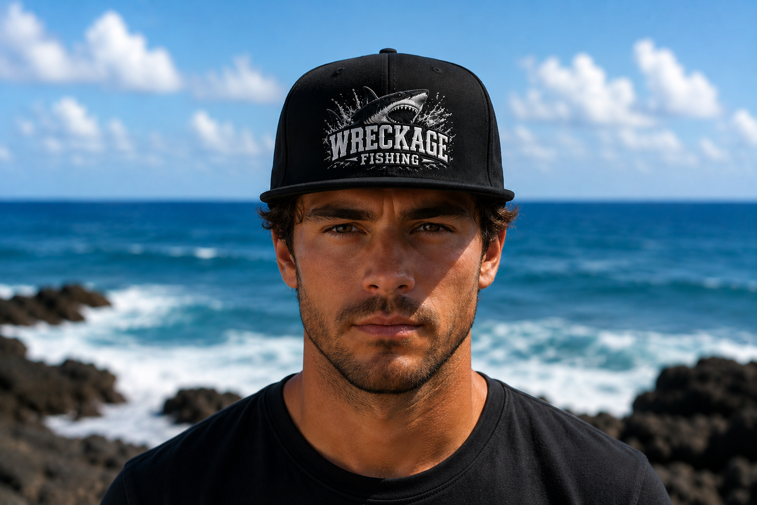 WF Shark Flat Bill Hat Black Front.png