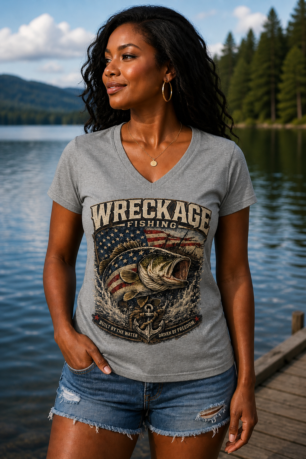 WF Patriotic Bass Women's V-Neck sports gray.png