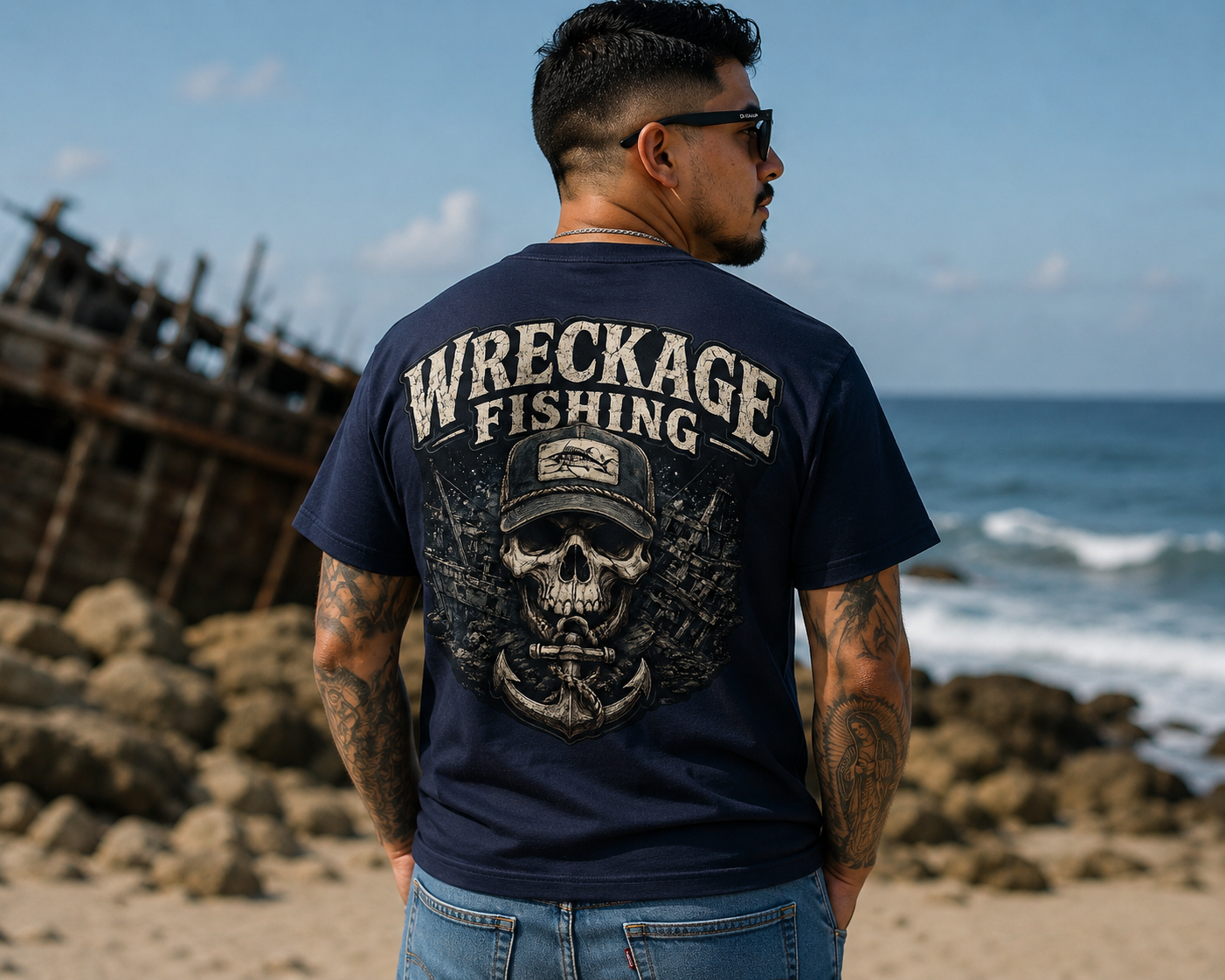 WF Black and Gray Skull Tshirt navy back.png