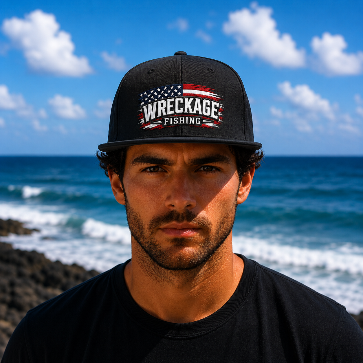 Wreckage Fishing American Flag Flat Bill Snapback Hat Embroidered