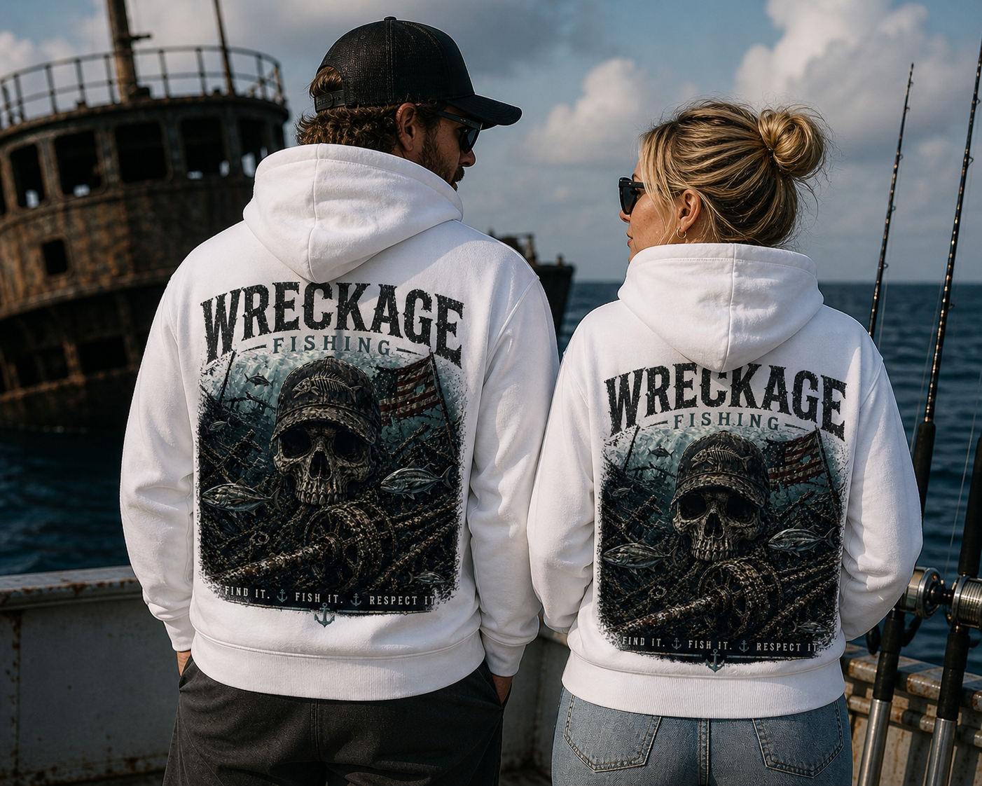 A man and woman facing away, wearing matching white hoodies with a skull and fish design that says "Wreckage Fishing" and the words "Find it, Fish it, Respect it." They are on a boat, with a rusted shipwreck in the background and fishing rods nearby.