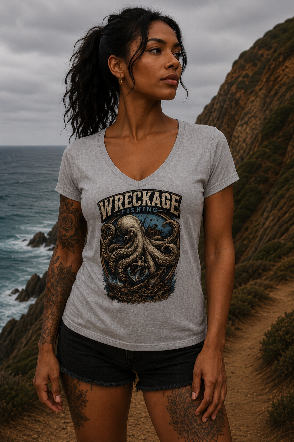 Wreckage Fishing Octopus Women's V-Neck T-Shirt