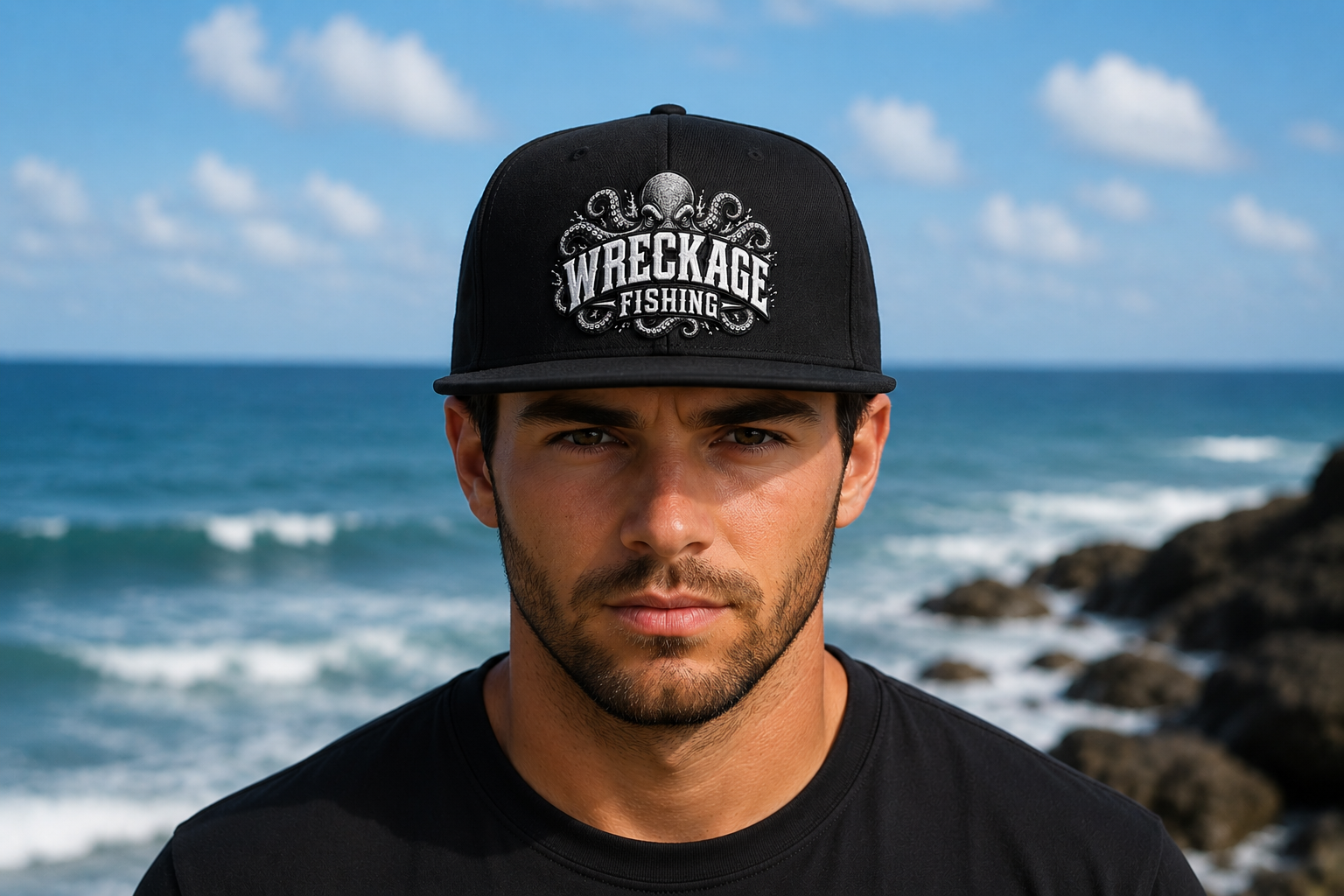 Wreckage Fishing Octopus Flat Bill Snapback Hat Embroidered