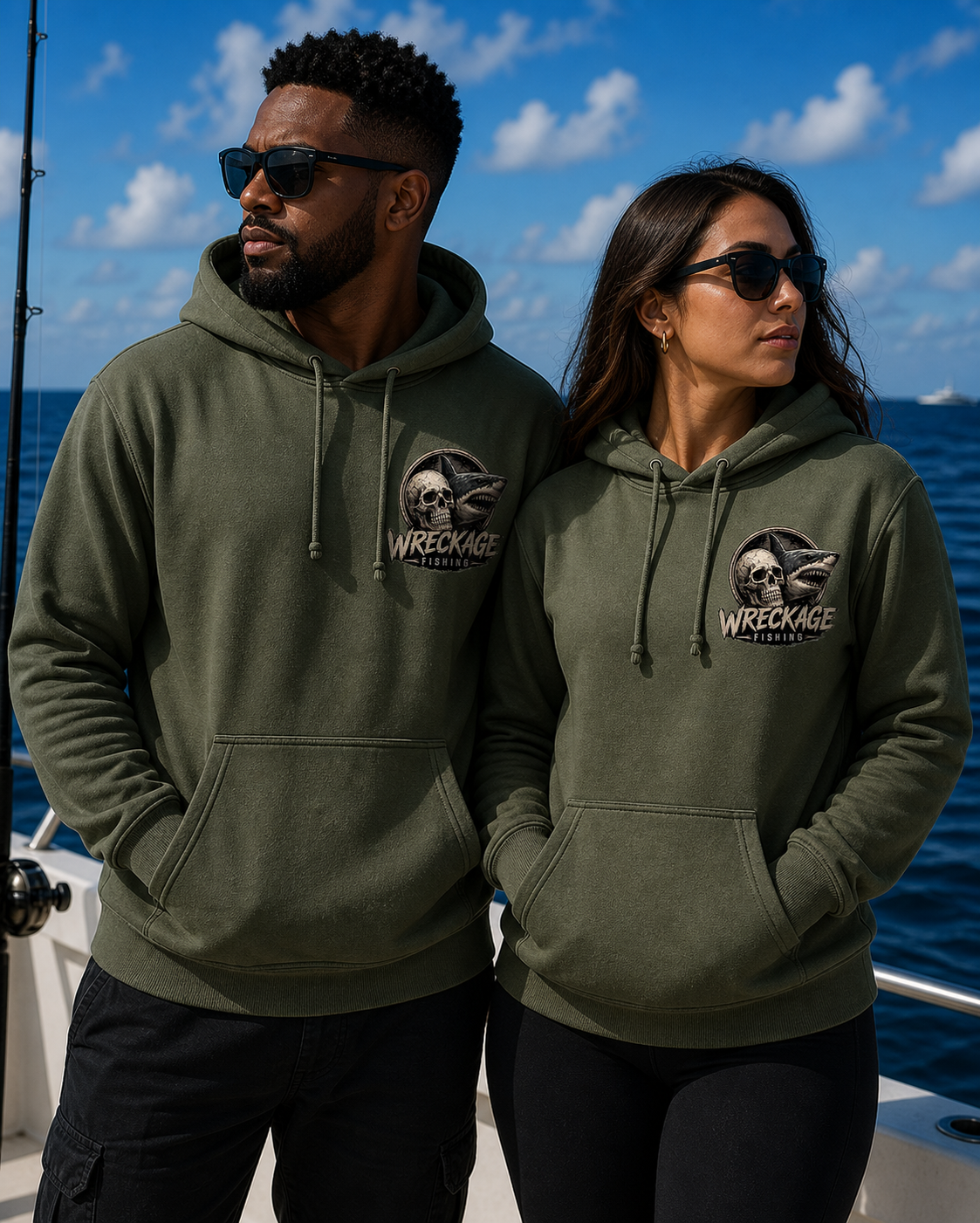 WF skull and shark Hoodie mgreen front.png