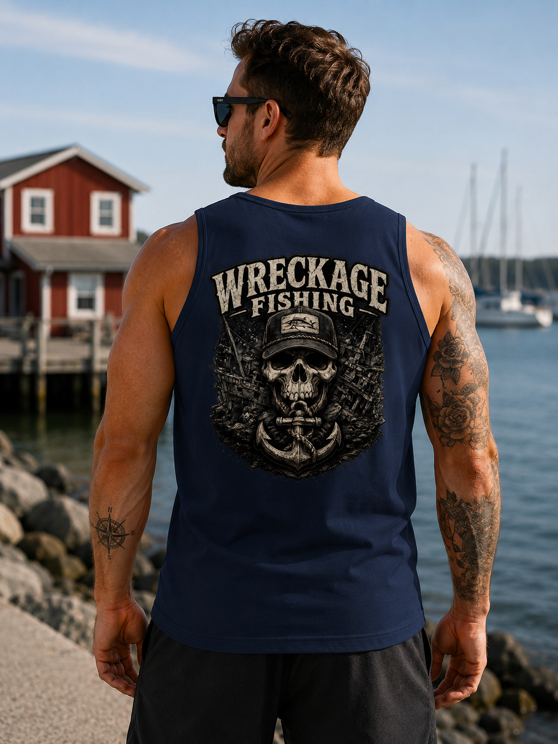 Wreckage Fishing Black and Gray Skull Men's Tank Top