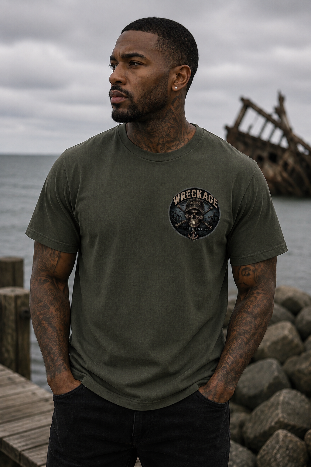 WF Skull and Wreckage Tshirt mgreen front.png