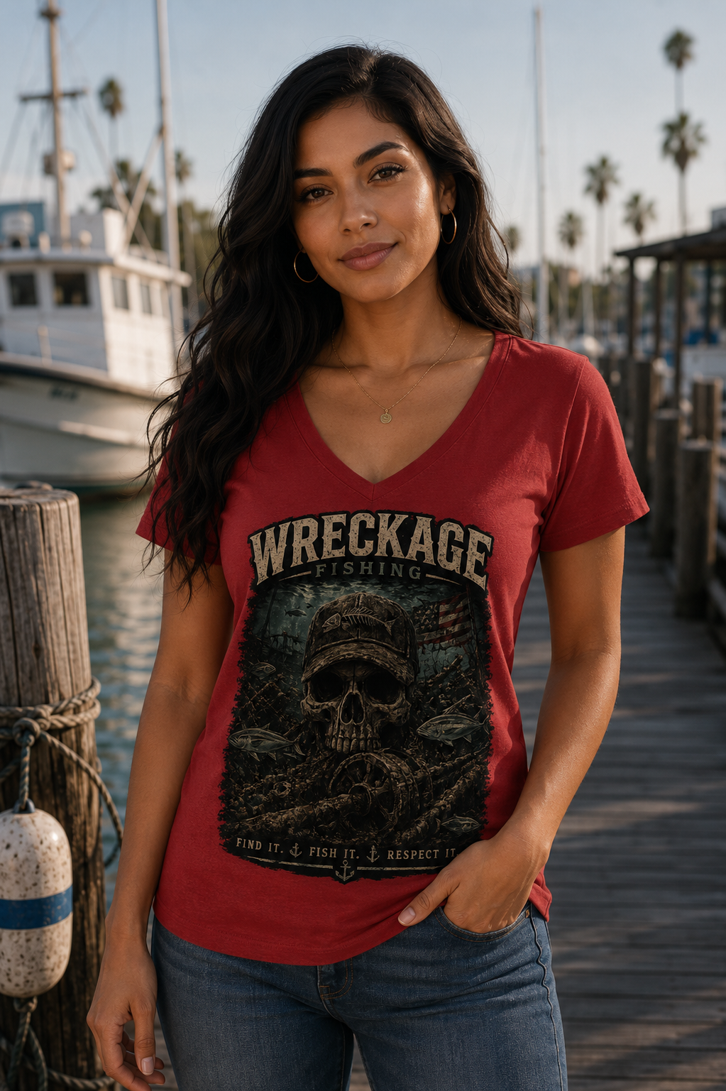 Wreckage Fishing Skull and Wreckage Women's V-Neck T-Shirt