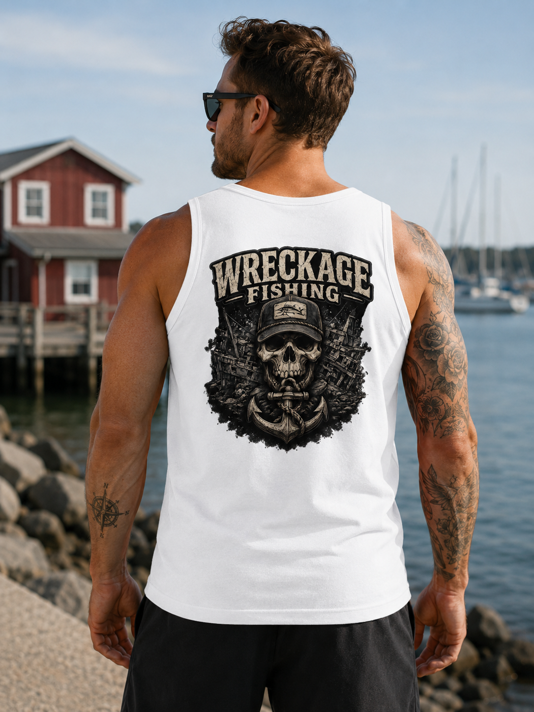 Wreckage Fishing Black and Gray Skull Men's Tank Top