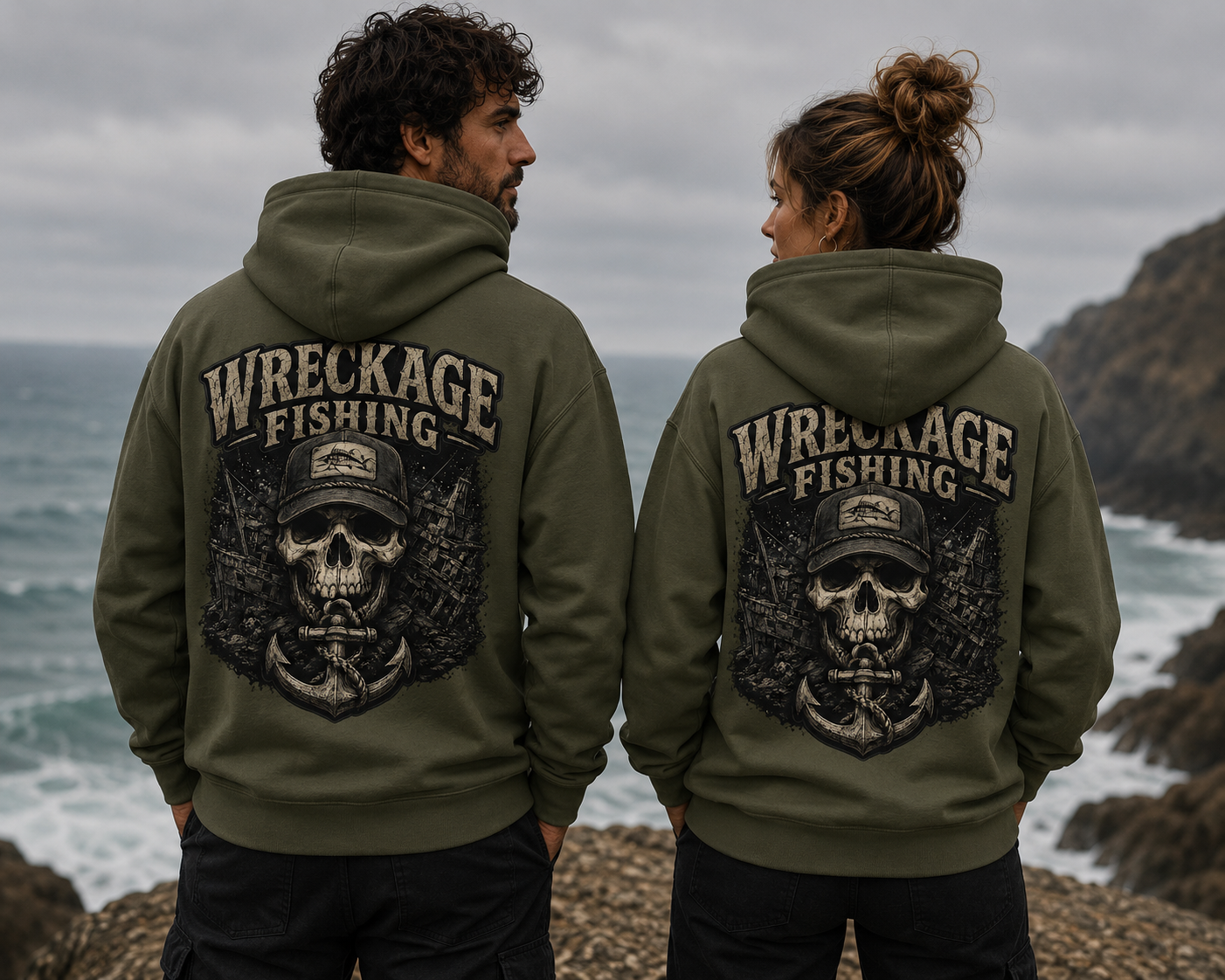 Wreckage Fishing Black and Gray Skull Hoodie