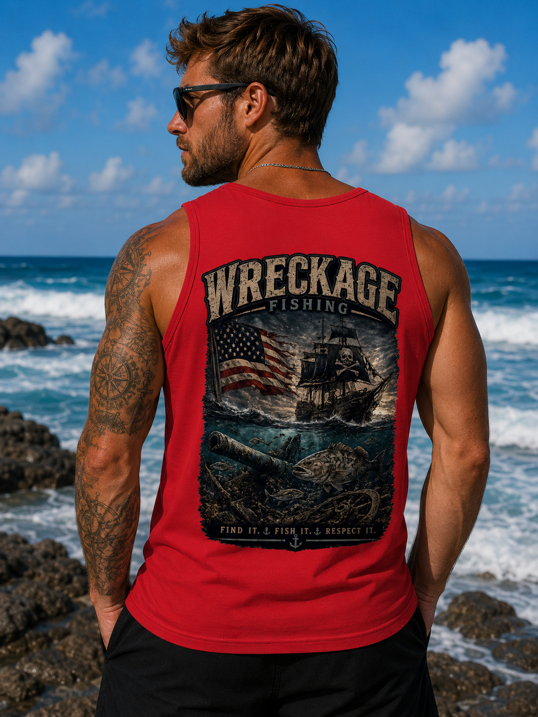 WF Pirate Ship and Amer Flag men's Tank Top red back.png