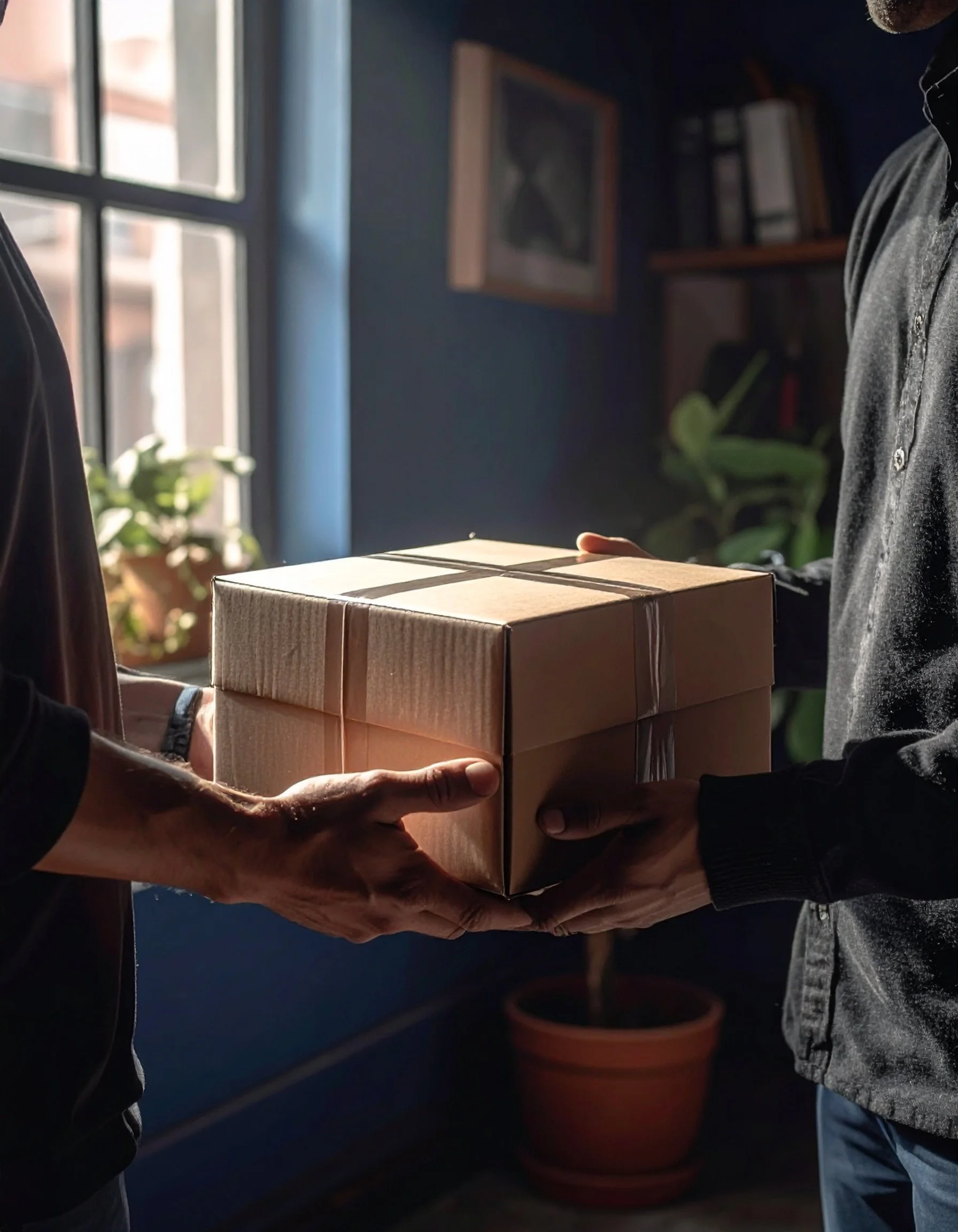 Persona entregando una caja de regalo a otra en una habitación con luz natural y plantas.