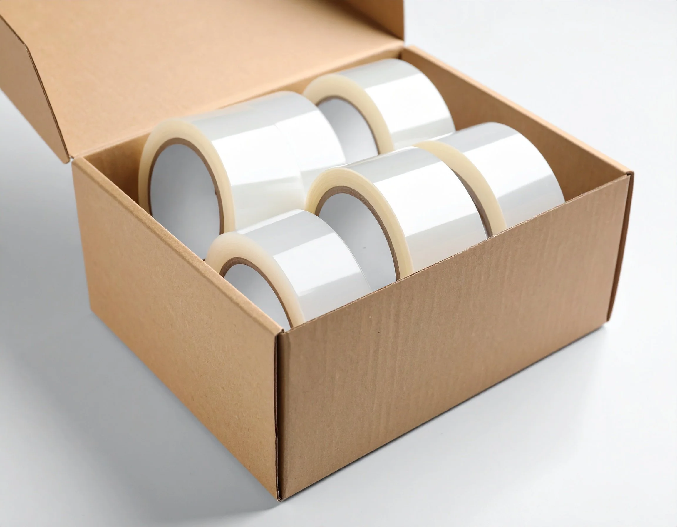 Caja de cinta adhesiva transparente en rollos en una caja de cartón