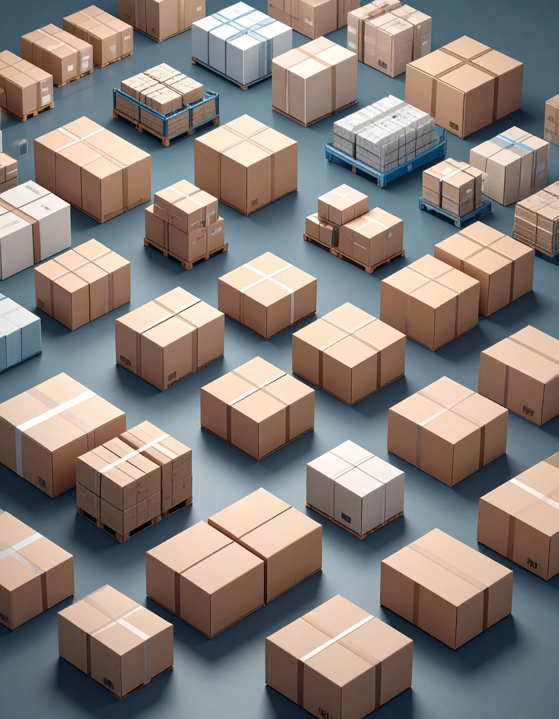 Montón de cajas de cartón apiladas en diferentes tamaños sobre un suelo azul, algunas en palets y otras sueltas.