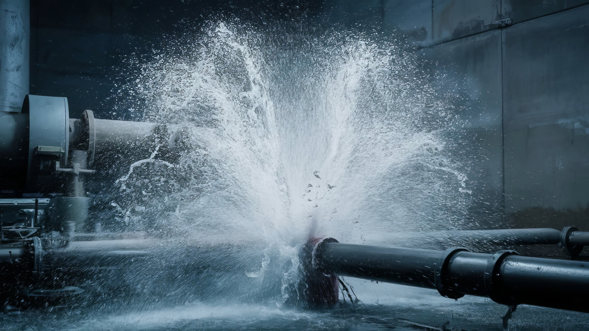 A large pipe discharges water into a dark industrial setting, creating a splash and spray of water.