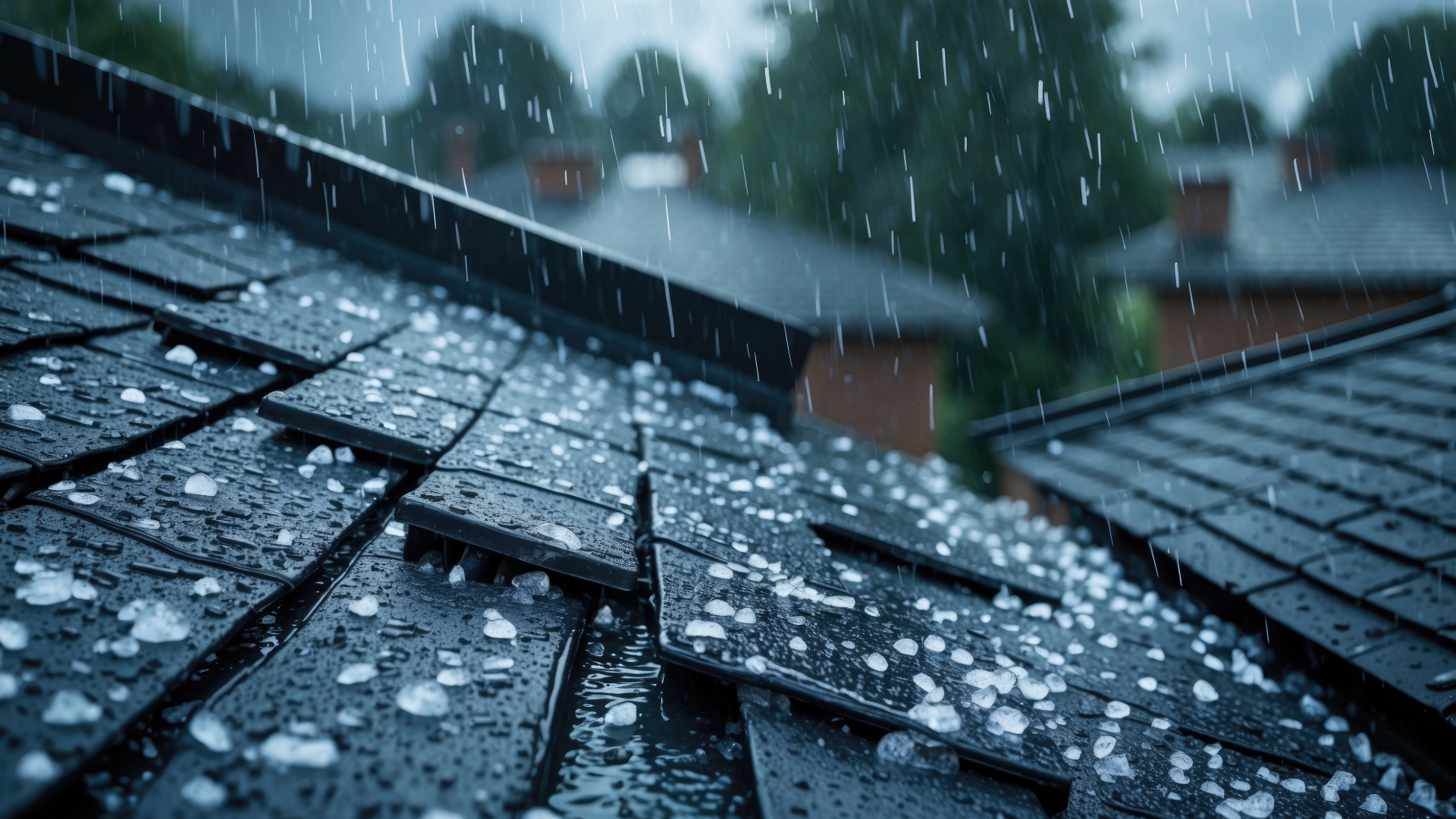 Rain falling on a dark house roof with water droplets on shingles, in a residential neighborhood during a storm.