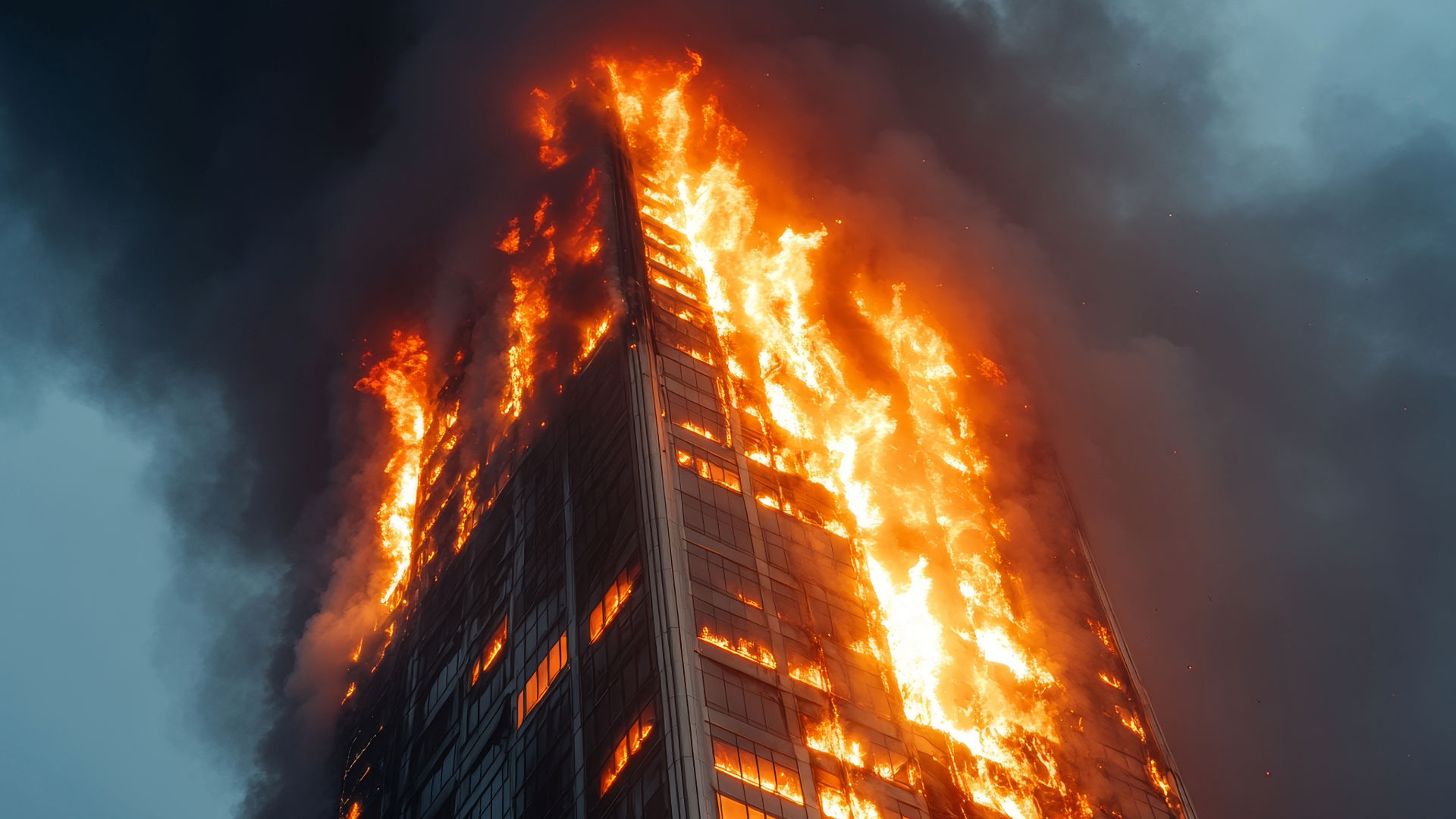 A modern tall skyscraper on fire with flames and smoke billowing from the upper floors during the daytime.