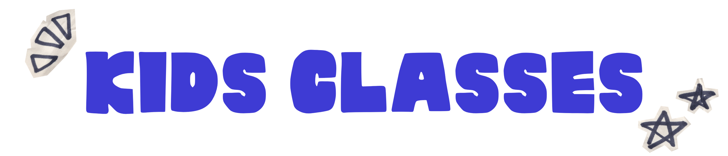 Colorful sign that says "Kids Classes" in bold blue letters, decorated with stars and shapes around the text.