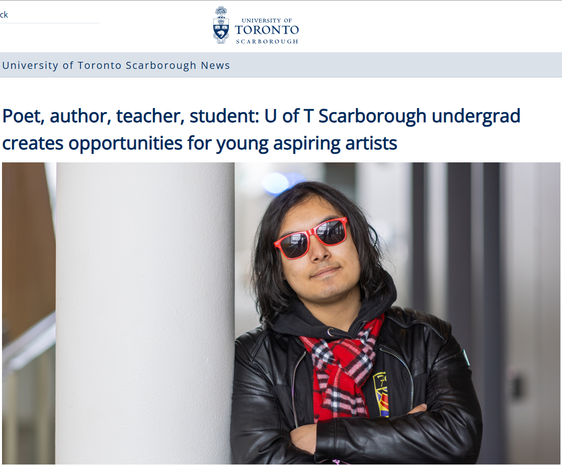 A young man with long dark hair, red sunglasses, black leather jacket, and red plaid shirt standing with arms crossed beside a white pillar at the University of Toronto Scarborough campus.
