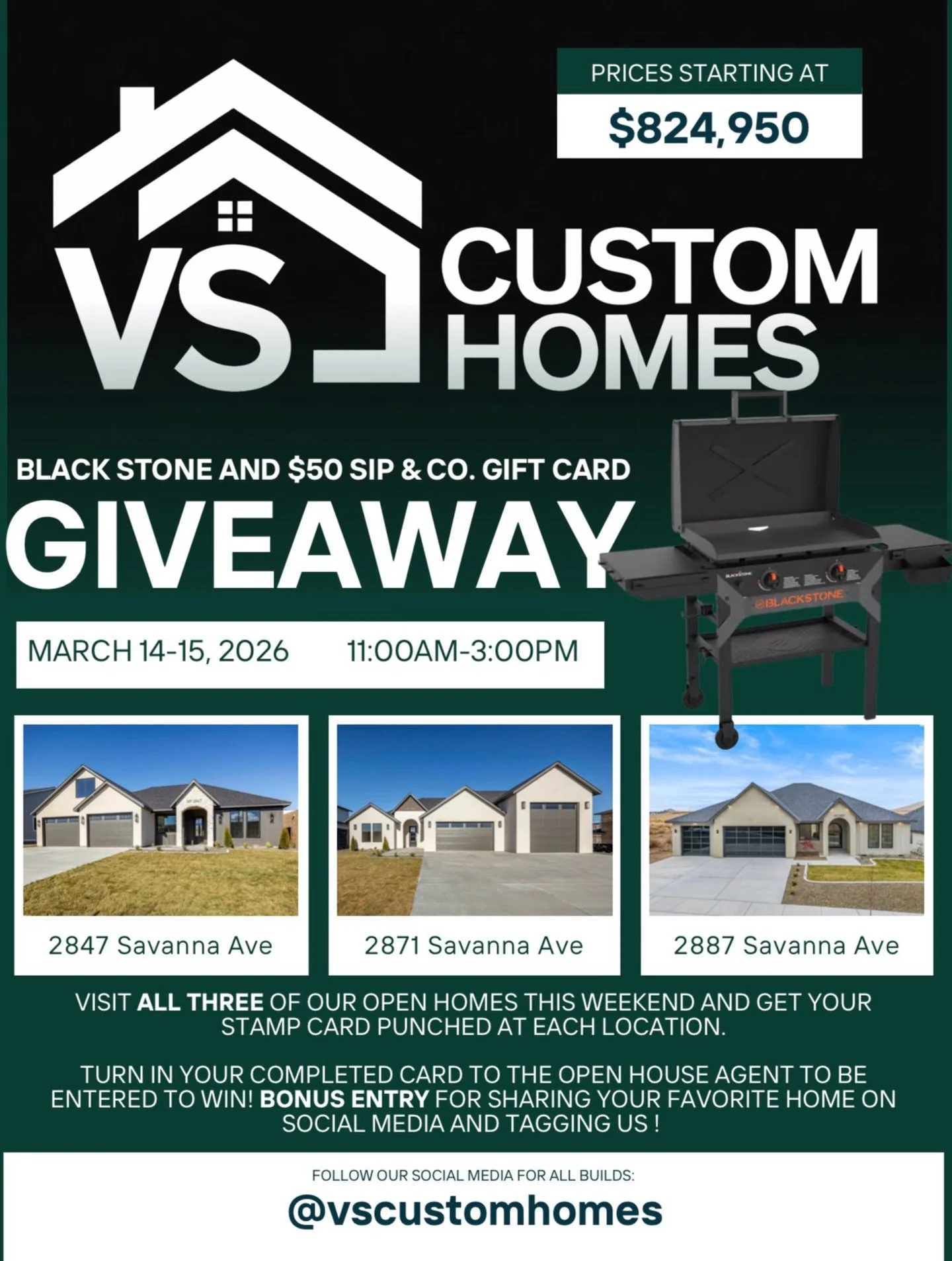 This weekend!!!
We are having 3 open houses on Savanna Ave!
Come check it out and enter for a chance to win a Blackstone Grill and a $50 gift card to @sip.co__ 
See you there!