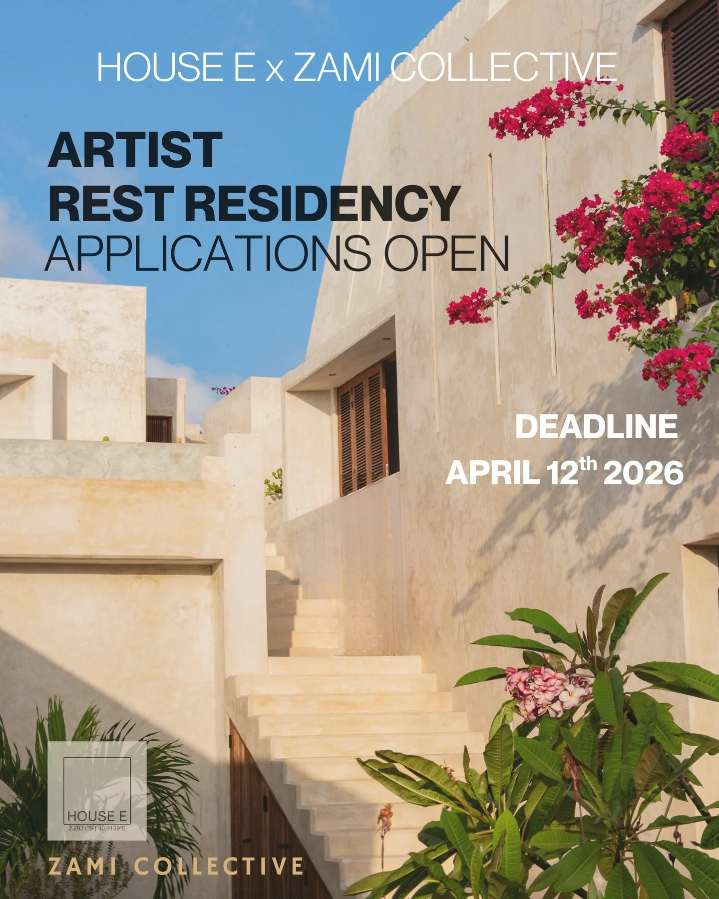 House E and Zami Collective present an annual East African rest residency at House E, Lamu Island, Kenya for emerging and established contemporary African artists. 
Across a two week retreat from 9th-23rd November 2026, artists can create, experiment