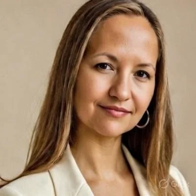 A close-up portrait of a woman with long light brown hair, wearing a white blazer and hoop earrings, smiling gently at the camera against a plain background.