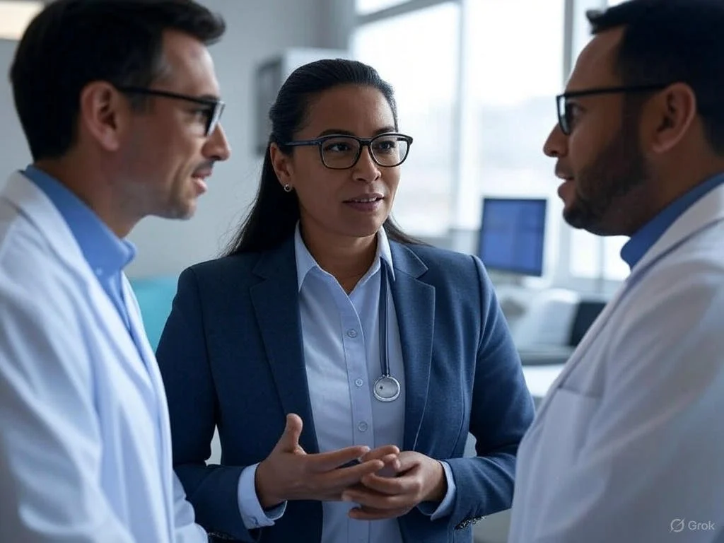 Three medical professionals, two men and one woman, wearing white coats and glasses, engaged in a serious discussion in a hospital or clinic setting.