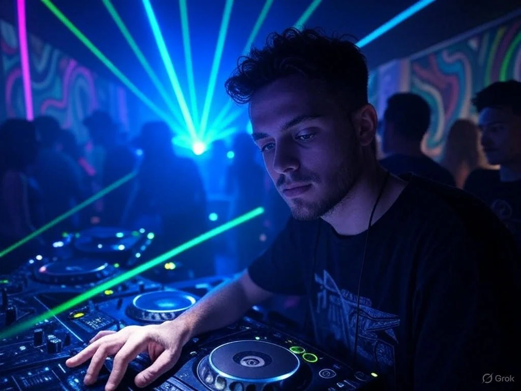 A DJ playing music at a nightclub with colorful laser lights and people dancing in the background.