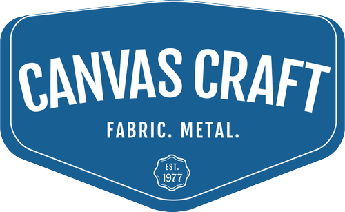 Blue branding logo for Canvas Craft with the text 'Fabric. Metal.' and 'Est. 1977'.