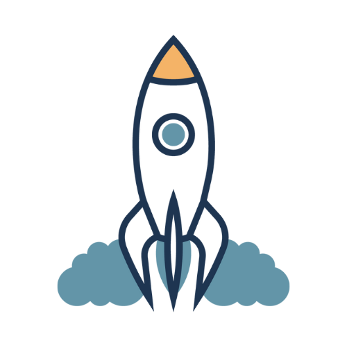 A cartoon rocket launching with clouds of smoke, blue body, and beige nose cone.