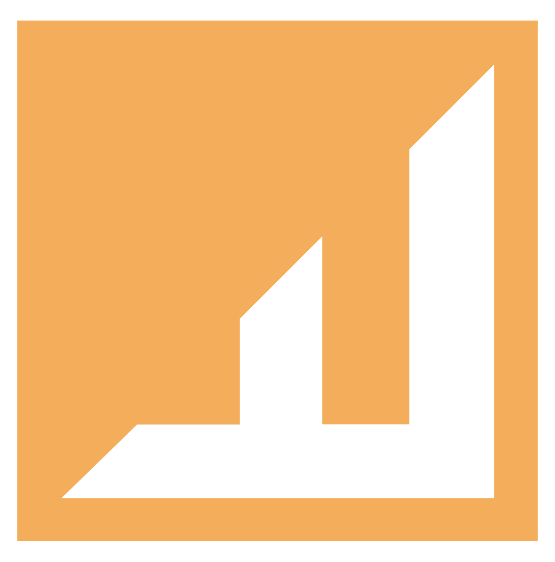 An upward trending bar graph icon in white on an orange background.