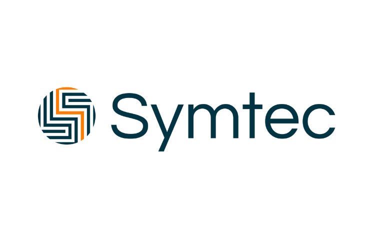 Symtec logo featuring a circular emblem with blue and orange lines forming an S shape, followed by the text 'Symtec' in dark blue.