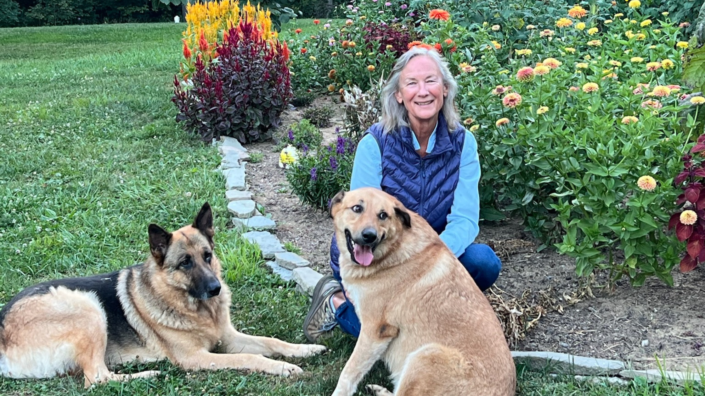 Mackey sitting in front of her flower bed with her two brown dogs.