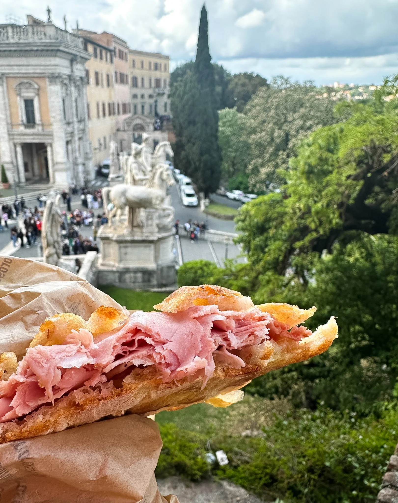 Enjoying flatbread with Mortadella in Rome