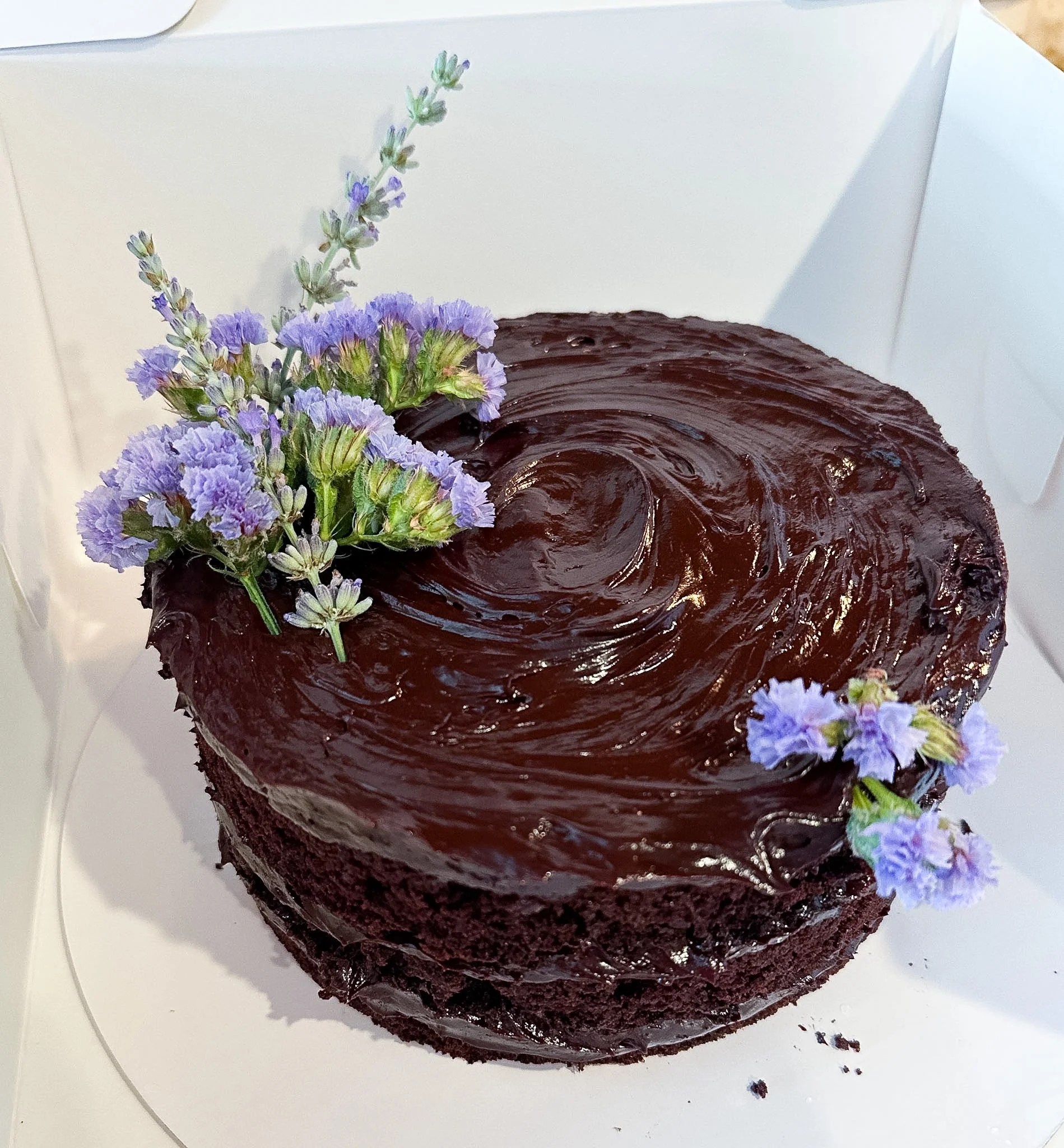 Chocolate olive oil cake with whipped ganache