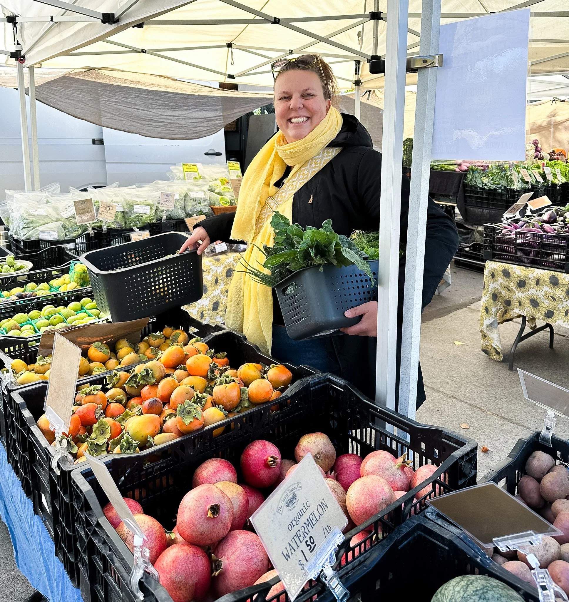 Chef Andreya Nightingale at the Truckee farmers market shopping for an event