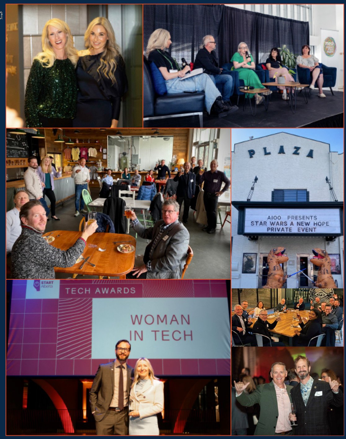 Collage of networking events, panel discussions, group gatherings, a woman in tech award ceremony, and an AIO event at the Plaza Theatre.