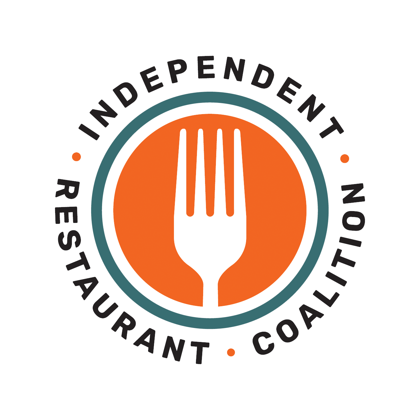 A logo with a fork in the center, surrounded by the words "Independent Restaurant Coalition" in a circular fashion.