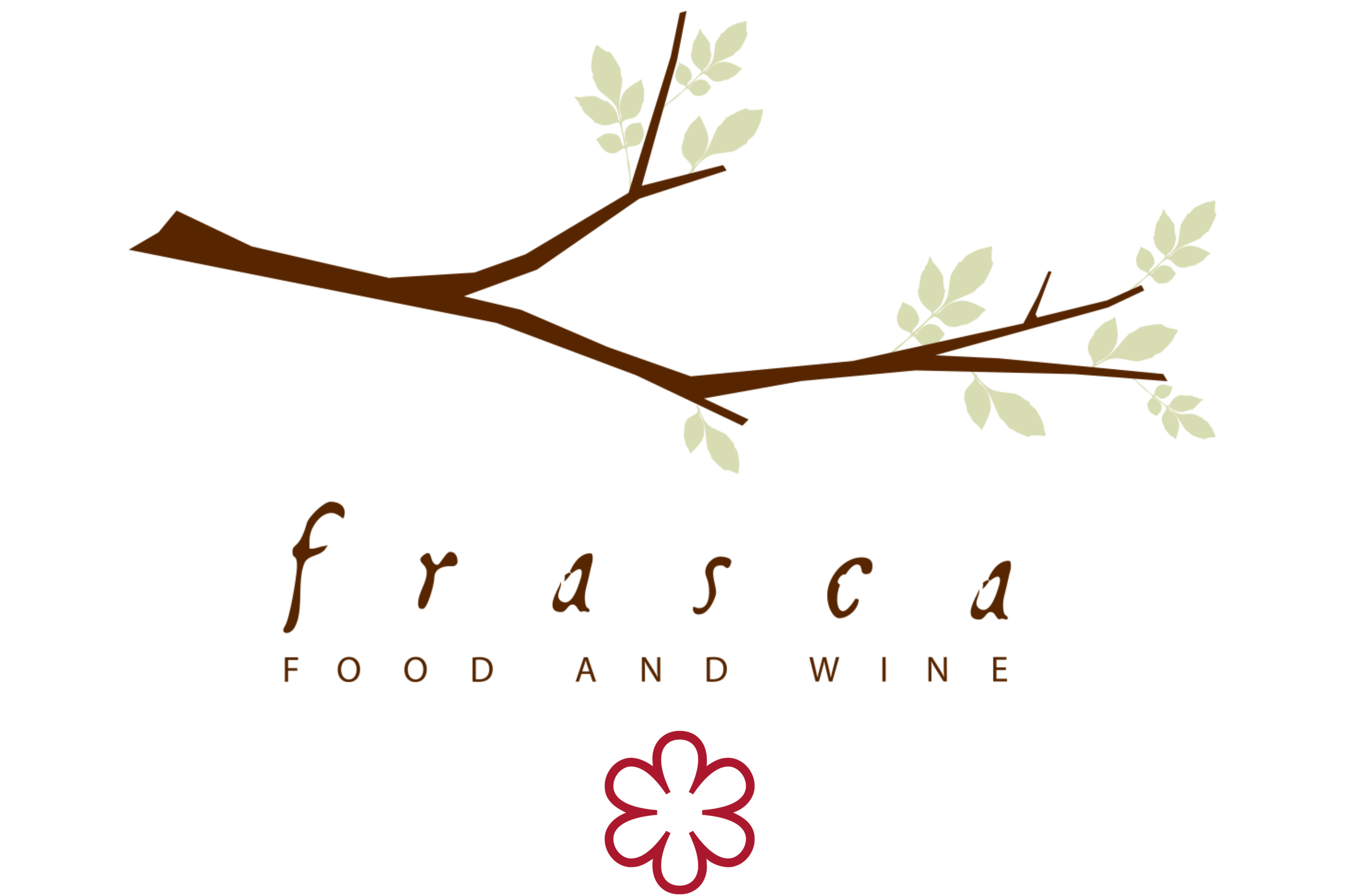 Logo for a restaurant called 'Apeca Food and Wine,' featuring a brown branch with light green leaves and the restaurant name in stylized text, accompanied by a red flower symbol.
