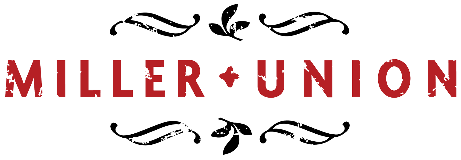 The logo features the words "Miller Union" in bold red capital letters across the center, with decorative white flourishes and floral elements above and below.