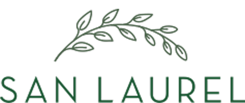 Illustration of a bear with a rainbow-colored hat above the words 'San Laurel' in green text