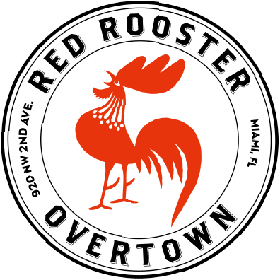 Logo for Red Rooster Overtown, a restaurant located at 920 NW 2nd Ave, Miami, FL, featuring an orange rooster illustration with a stylized tail inside a circular border.
