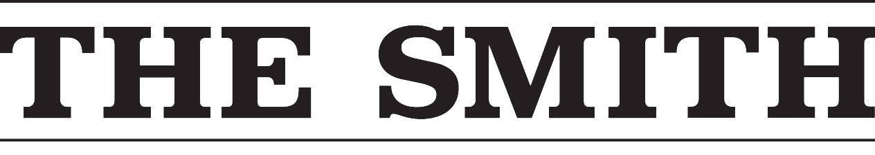 Black rectangular banner with the text 'THE SMITH' in large, bold, black letters.