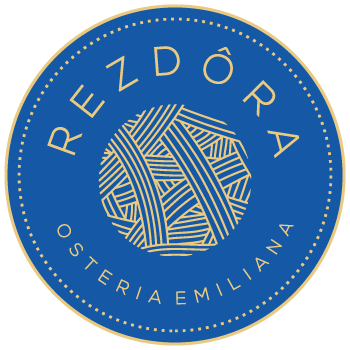 Blue circular logo with the text 'REZORÁ' and 'Osteria Emilia' around a geometric pattern in the center.